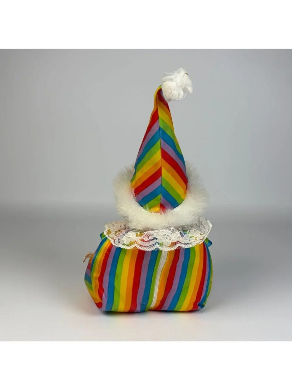 Vintage Rainbow Clown Doll Plastic Face Hands Cloth Body Back Zippered Pouch